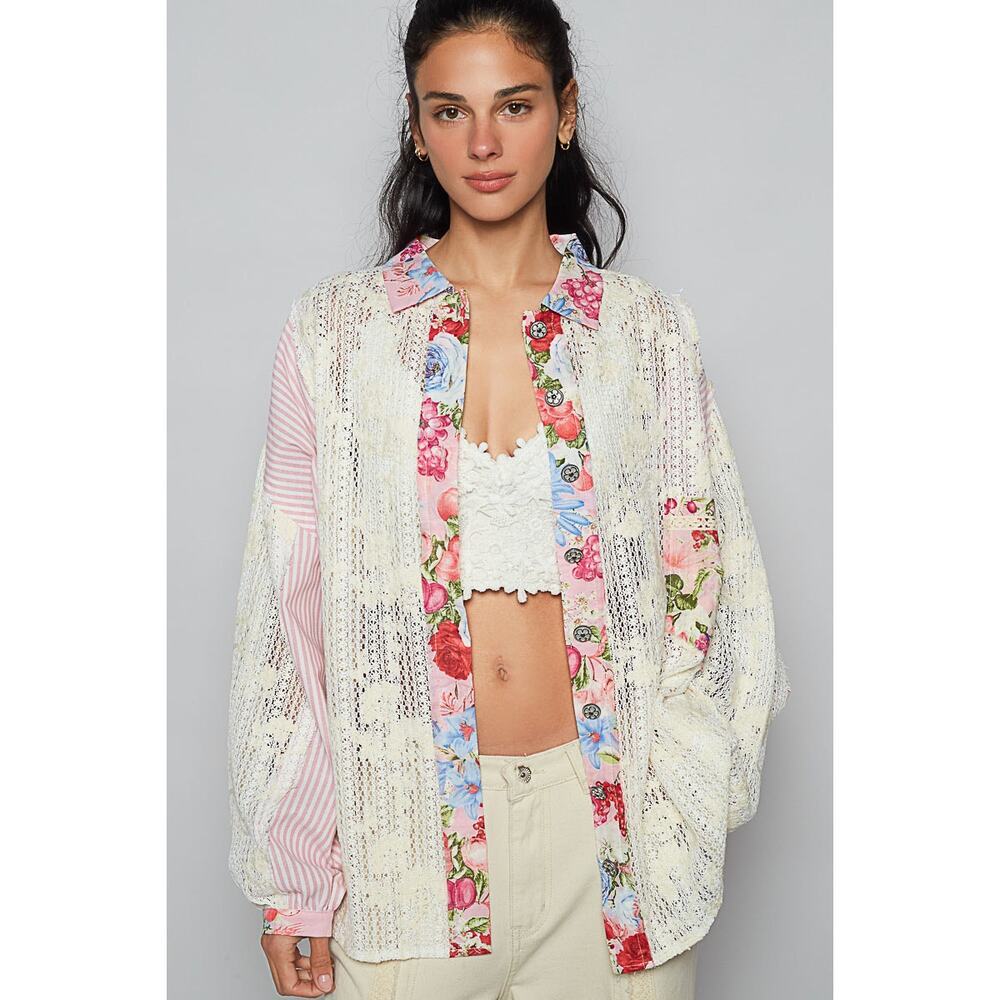 POL Pink Multi Lace Button Front Top